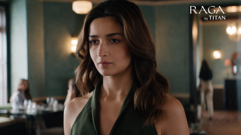 Titan Raga fashion campaign portrait of a woman in a café.