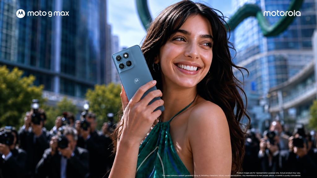 Motorola campaign showing a woman holding a smartphone in a city setting.