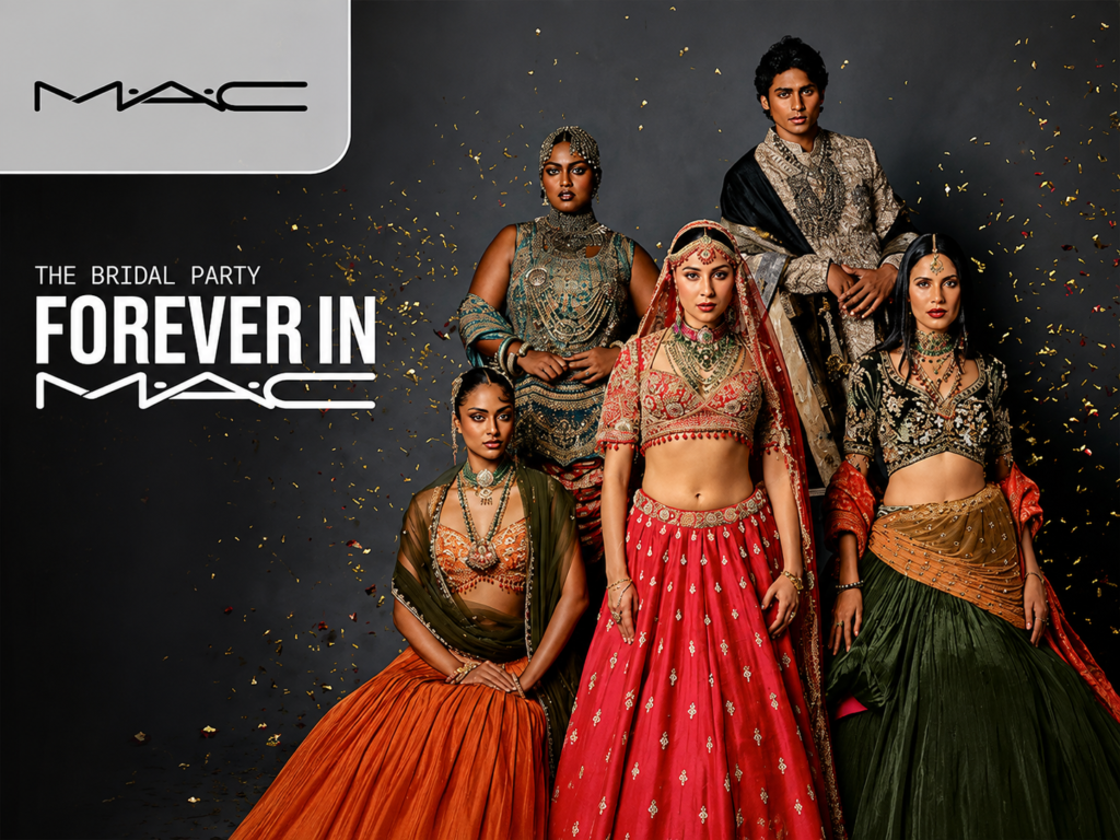 M·A·C Forever in M·A·C wedding campaign showing a group in festive Indian clothing.