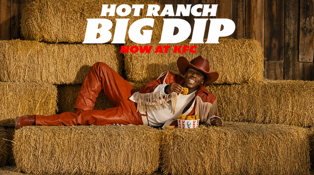 KFC Hot Ranch Big Dip campaign showing a performer on stacked hay bales.