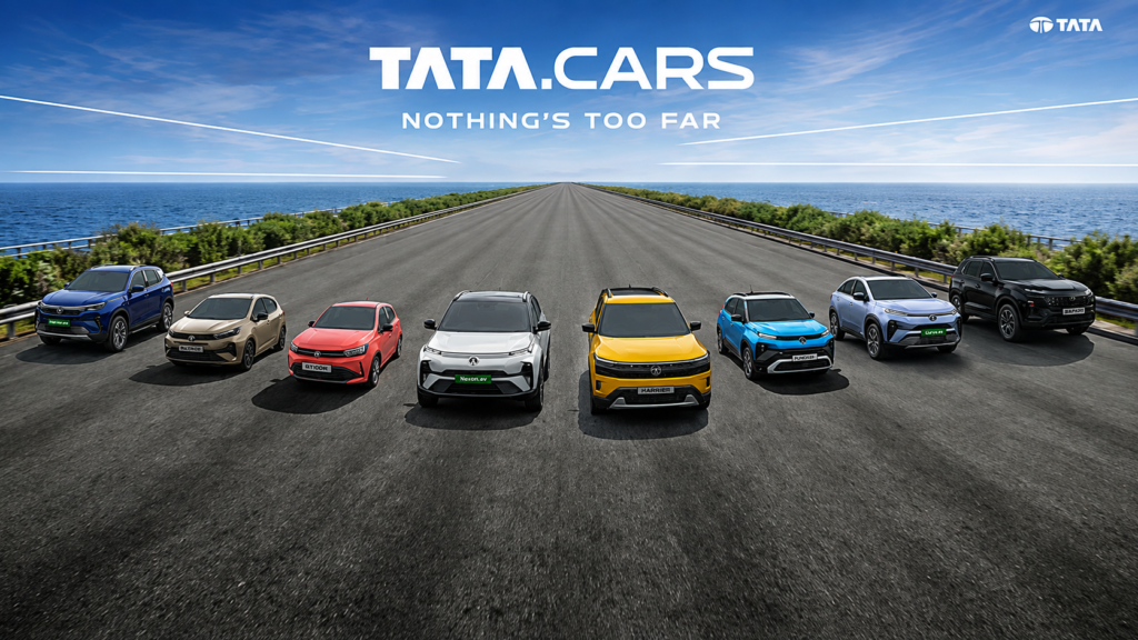 TATA.CARS brand graphic showing a lineup of cars on a racetrack.