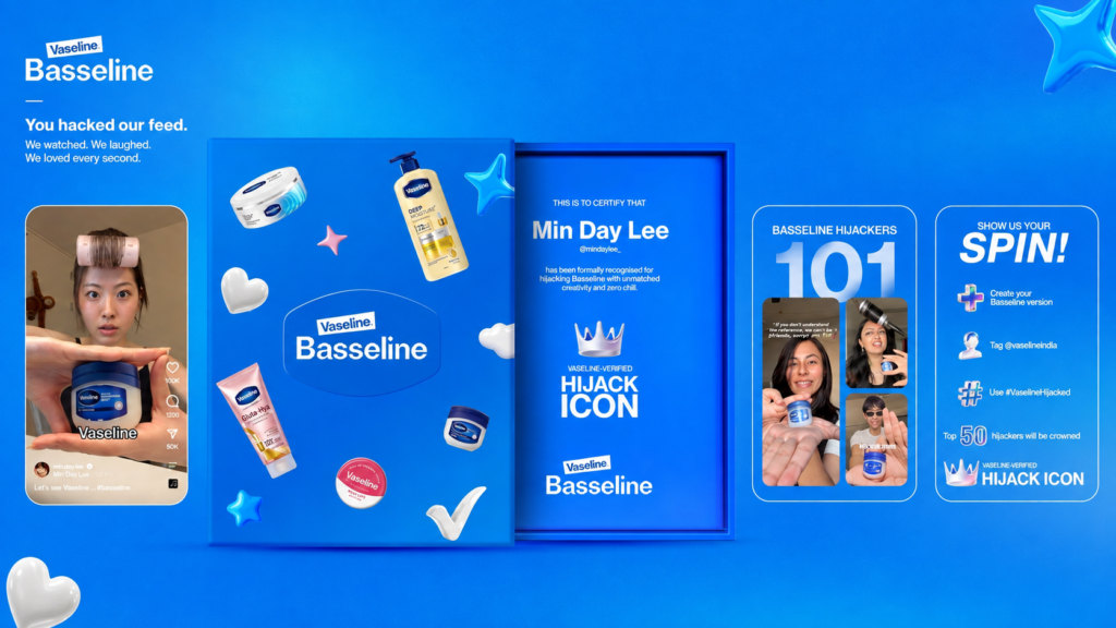 Vaseline Basseline campaign graphic with product packaging and a music-themed mobile interface.