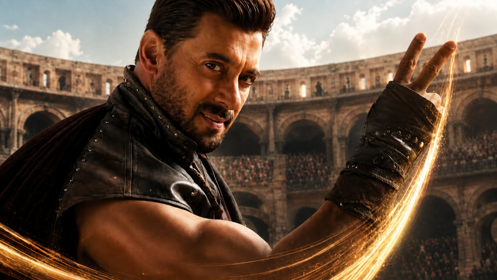 Bigg Boss promotional graphic featuring an armoured man in an arena.