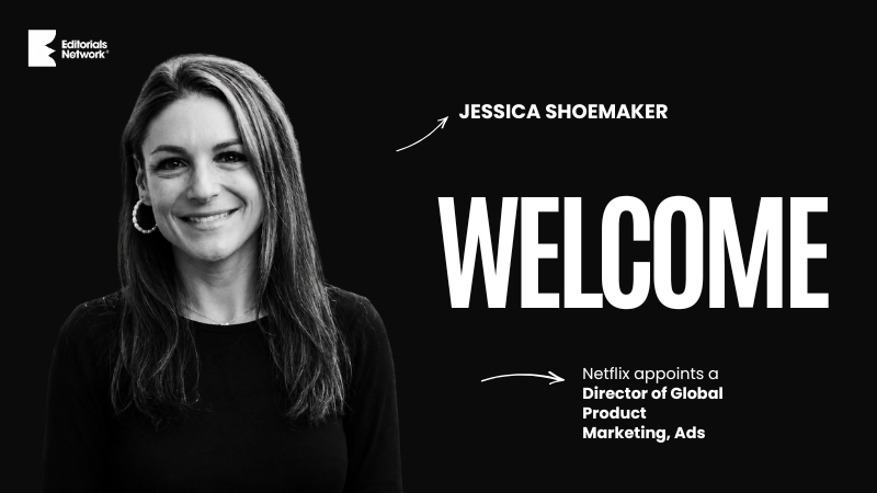 Welcome graphic announcing Jessica Shoemaker's product-marketing appointment at Netflix.
