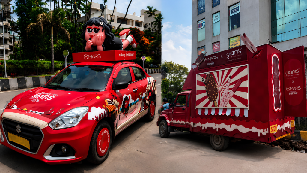 MARS Living the MARS Life street campaign with a red branded taxi and vehicle.