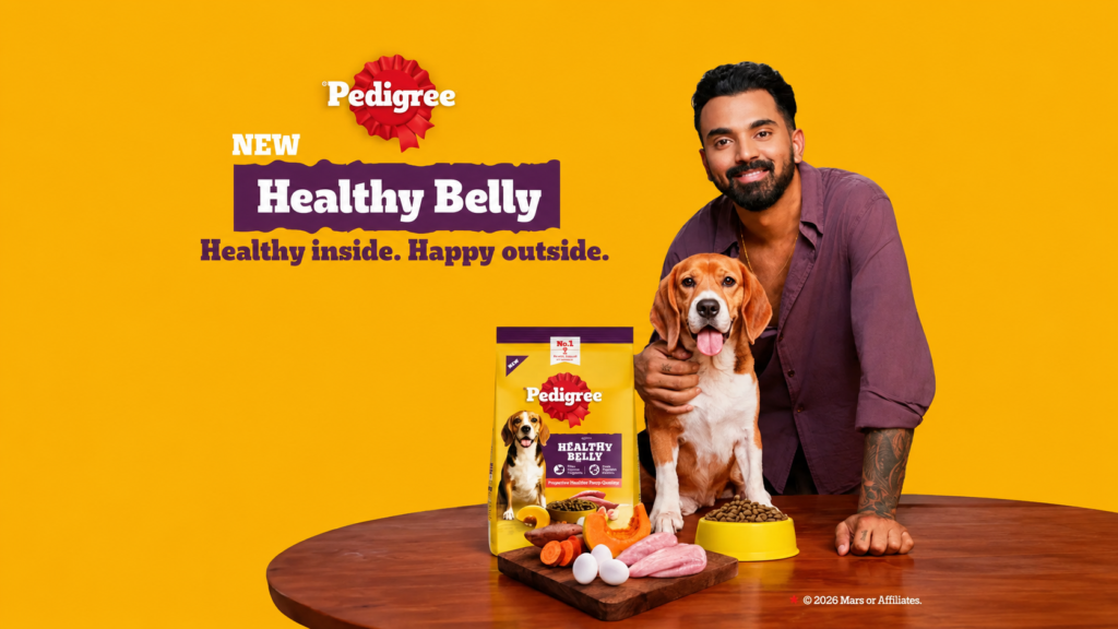 Pedigree Healthy Belly campaign showing a man with a dog beside pet-food packaging.