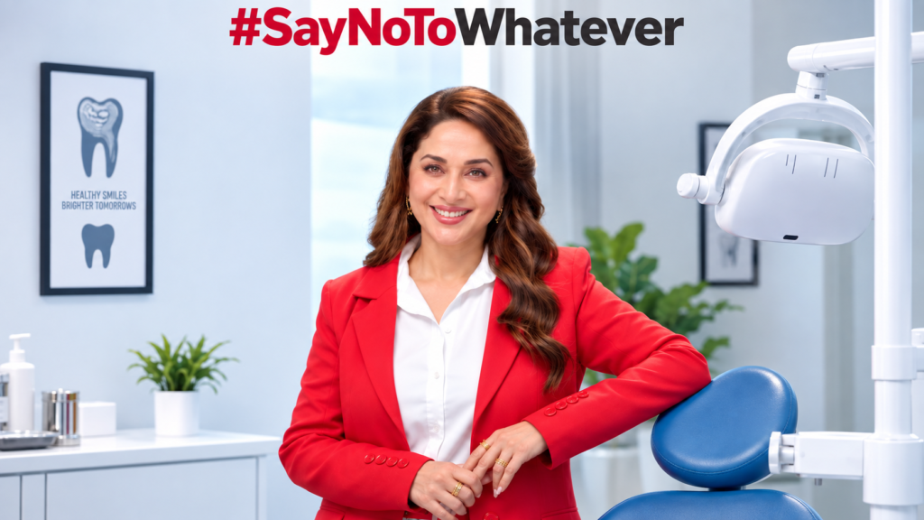 Laxmi Dental campaign showing a presenter in a red jacket in a dental clinic.
