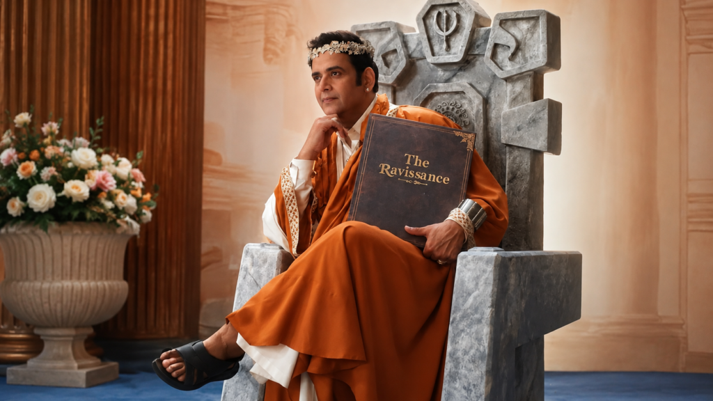 Swiggy Dineout campaign showing a man seated in an orange robe holding a book.
