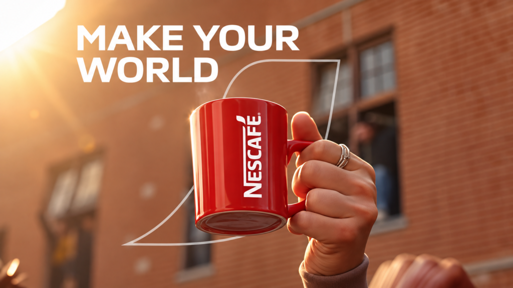 Nescafé Make Your World campaign showing a hand holding a red coffee mug.