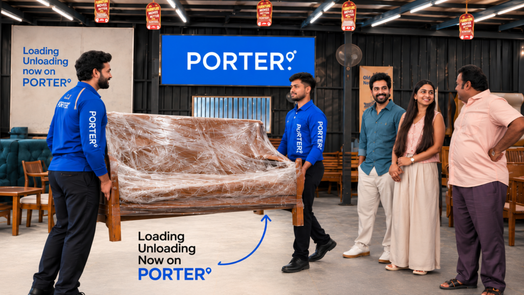 Porter campaign showing delivery workers carrying a wrapped sofa toward a family.