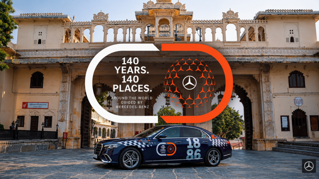 Mercedes-Benz 140 Years campaign showing a branded car outside a heritage building.