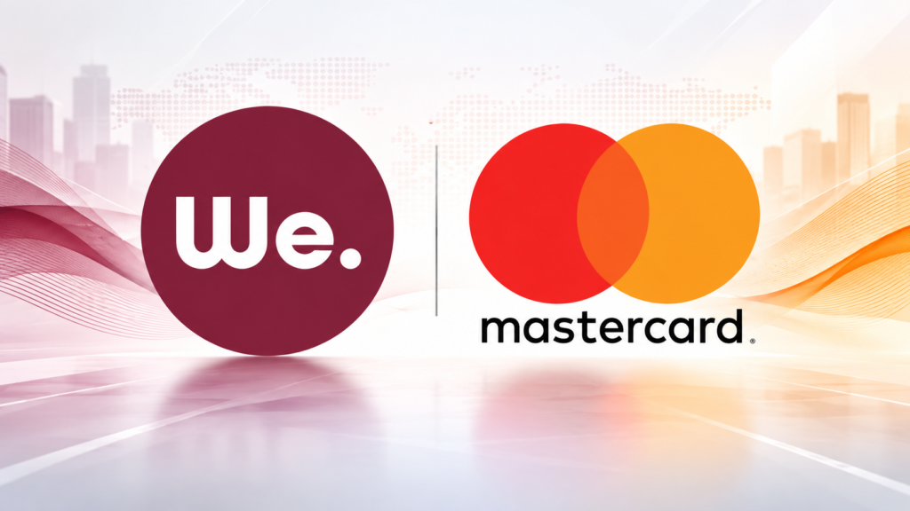 We. Communications and Mastercard logos on a light background.