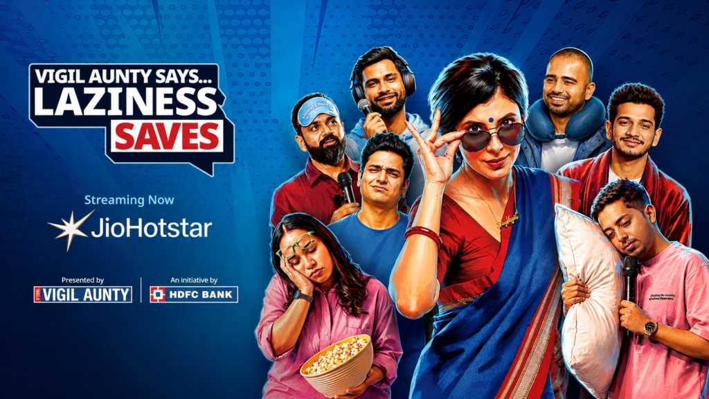 HDFC Bank and Vigil Aunty Laziness Saves campaign featuring a group of characters.