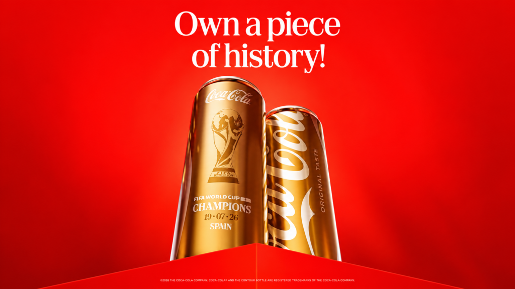 Coca-Cola gold cans with the caption Own a piece of history.