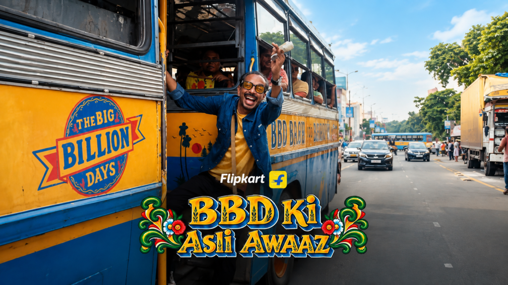 Flipkart Big Billion Days campaign featuring a presenter beside a Kolkata bus.