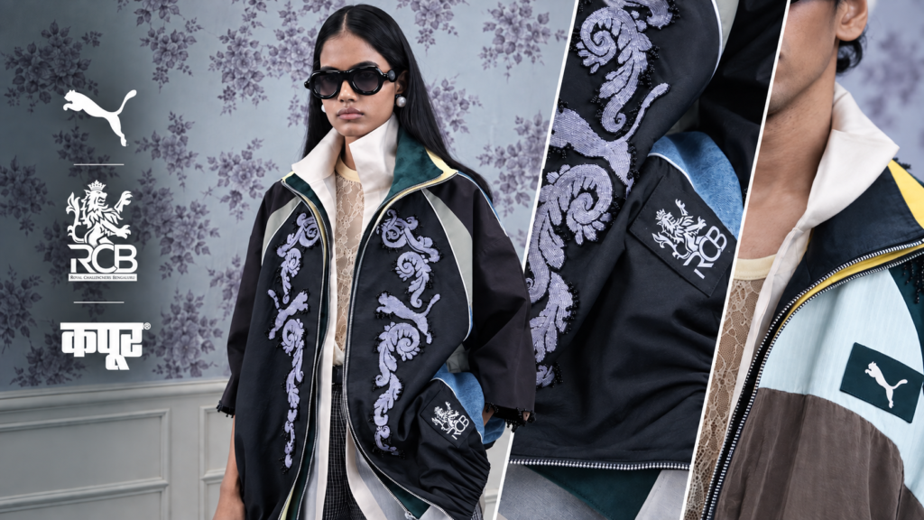 PUMA and RCB fashion collaboration showing a model in a patterned black jacket.