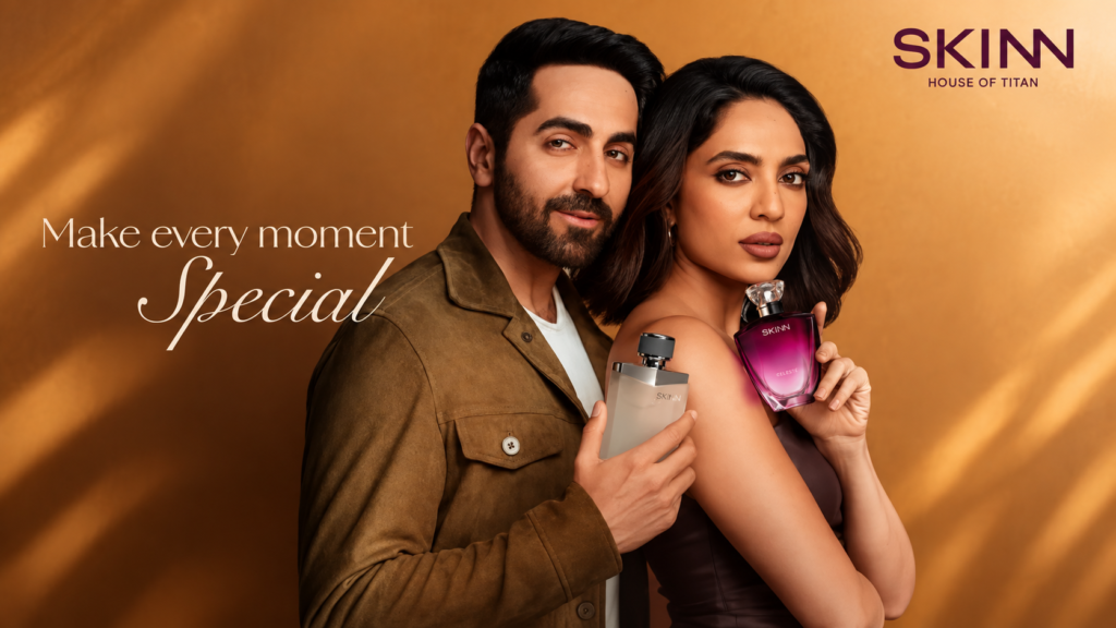 SKINN perfume campaign featuring a couple holding fragrance bottles.