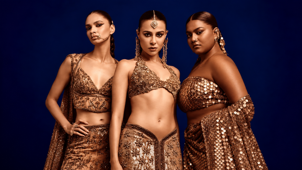 M·A·C beauty campaign featuring three models in bronze-toned outfits.