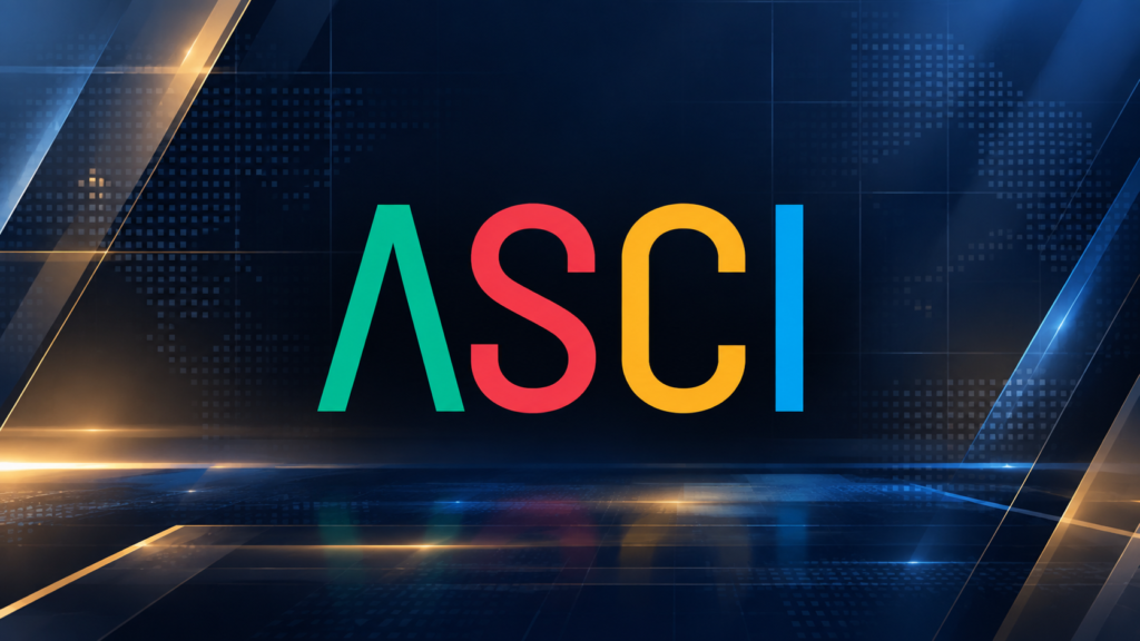 ASCI logo in multicoloured lettering against a blue background.