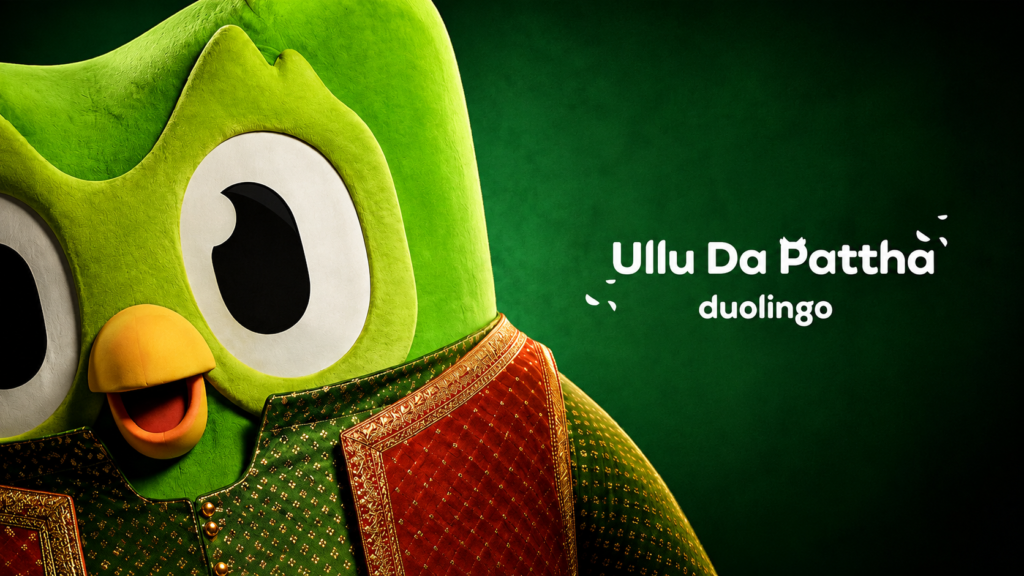 Duolingo's owl mascot wearing a red patterned shawl beside the caption Ullu Da Pattha.