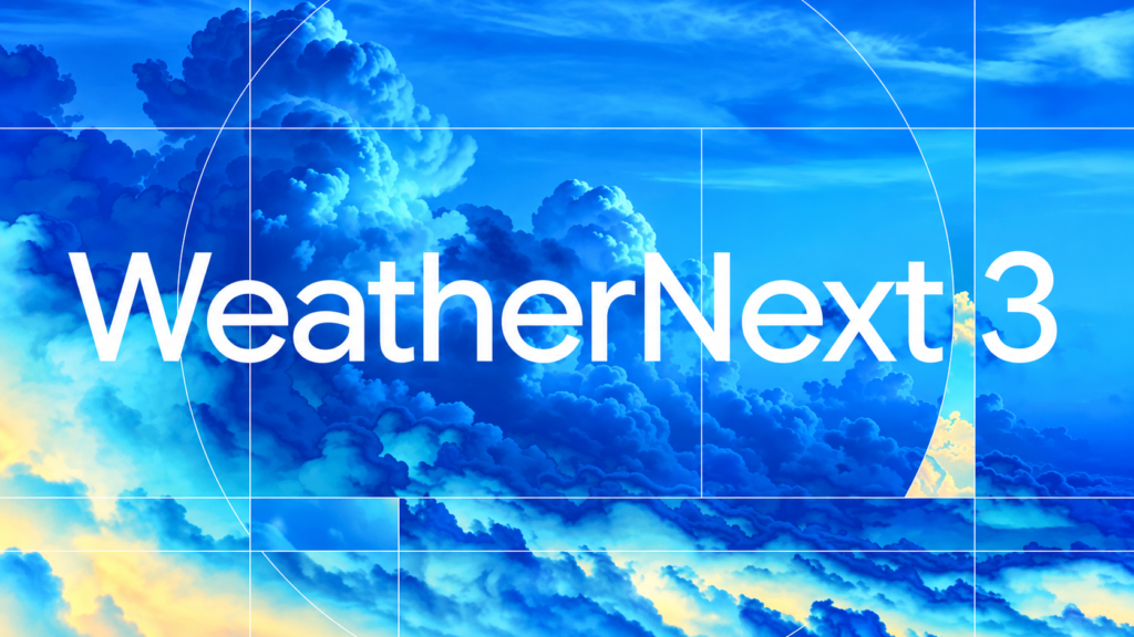 WeatherNext 3 title over a blue weather-map graphic.