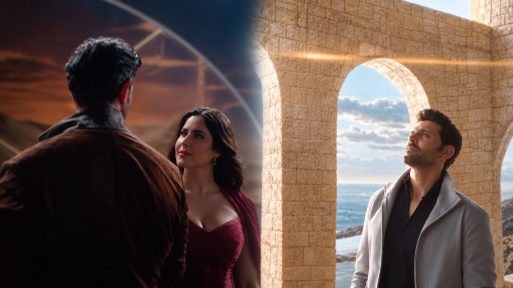 Rado campaign scene showing three people in a warmly lit architectural setting.