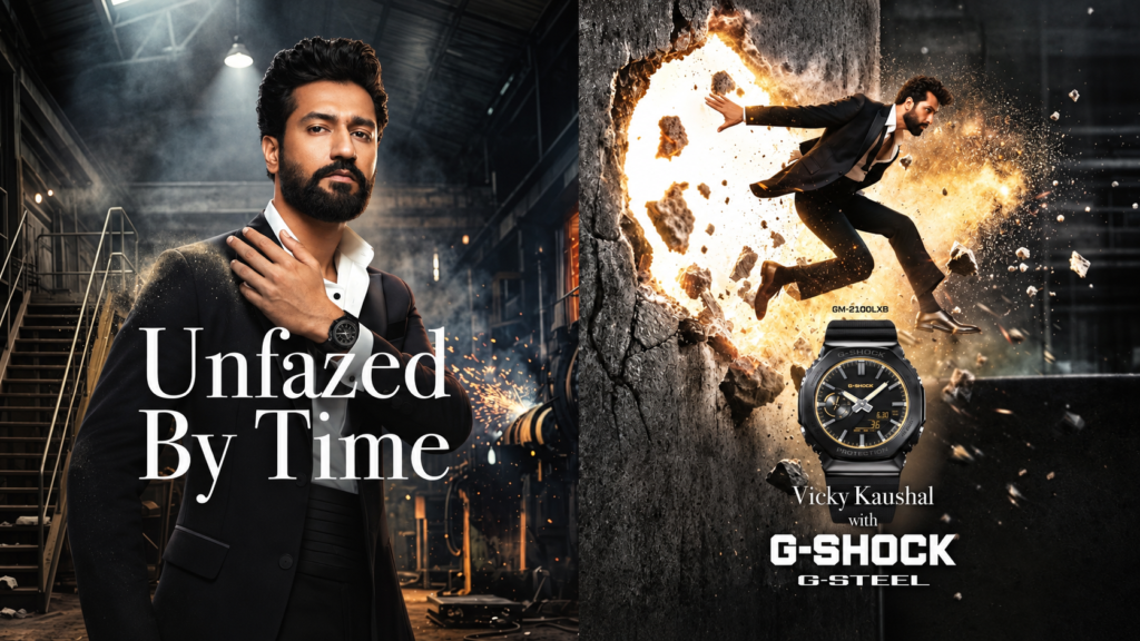 G-SHOCK Unfazed by Time campaign featuring a man and a watch against an action backdrop.