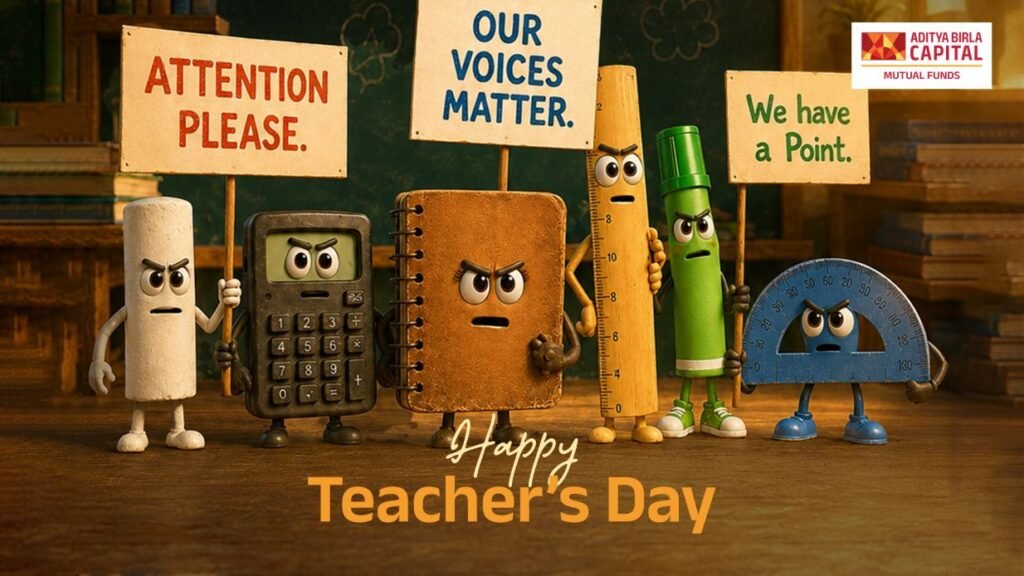 Teacher's Day campaign showing animated classroom objects holding protest signs.