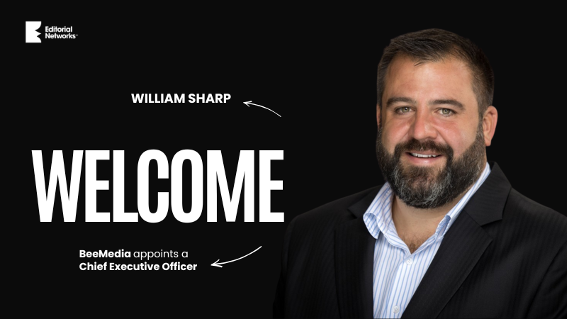 Welcome graphic announcing William Sharp as CEO of BeeMedia.