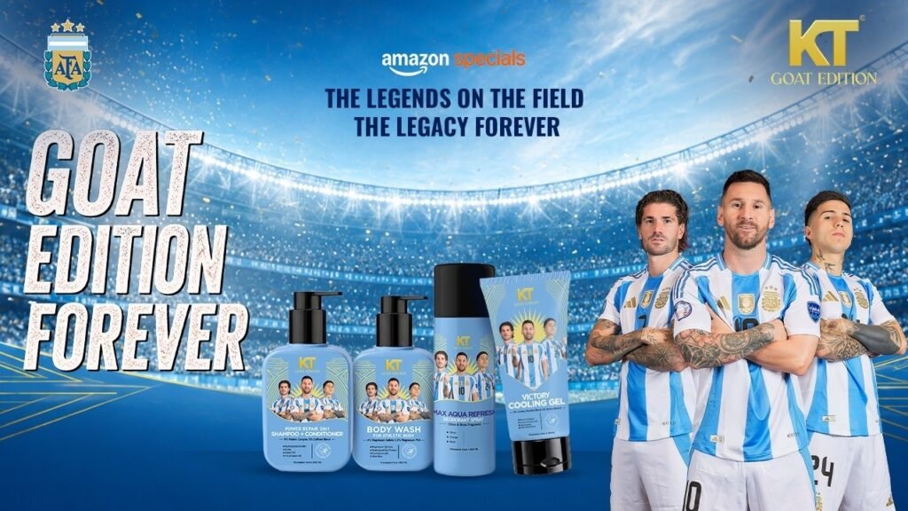 KT GOAT Edition campaign showing beverage bottles and Argentina football players.