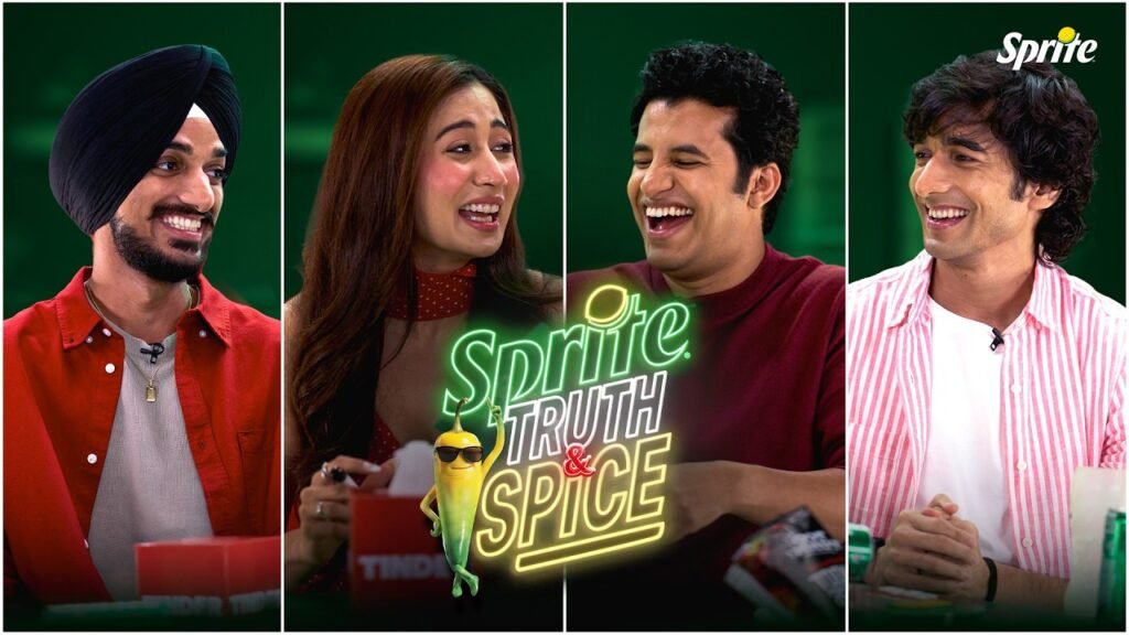 Sprite Truth and Spice campaign showing four presenters against a green backdrop.