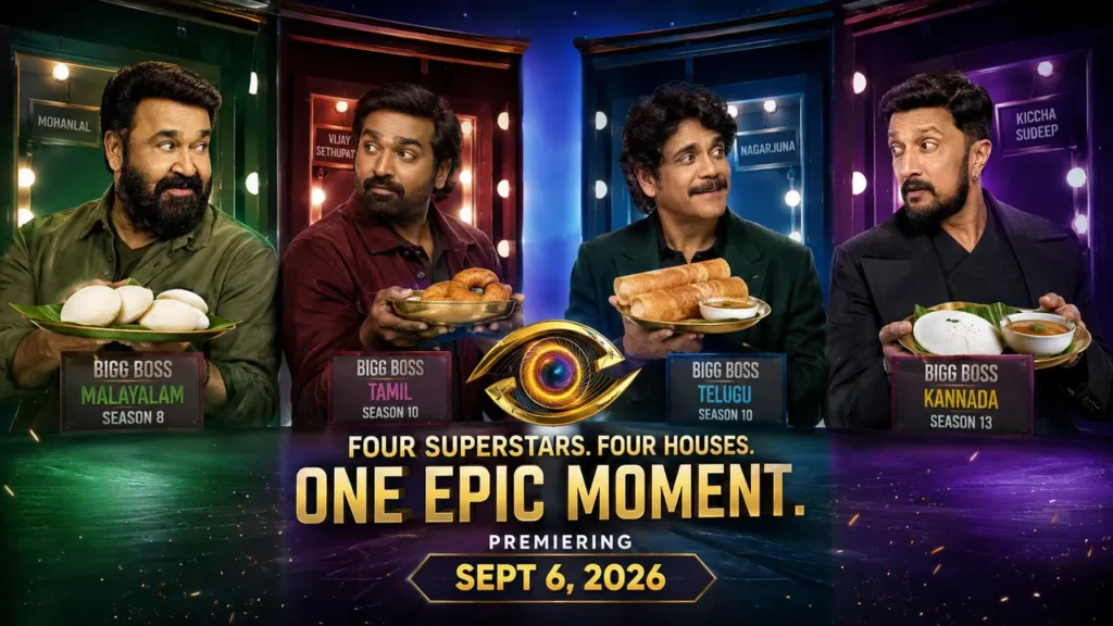 Bigg Boss promotional collage showing four hosts holding meal plates.