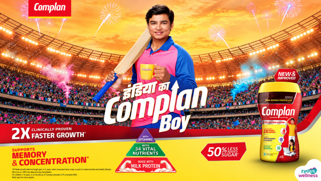 Complan Boy campaign showing a young cricketer holding a glass beside product packaging.
