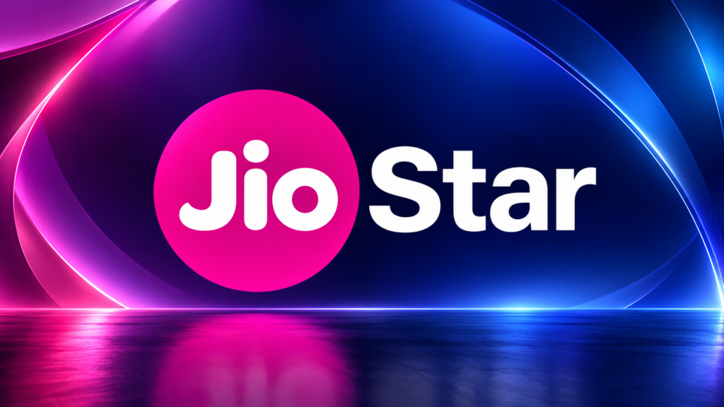 JioStar logo against a pink and blue background.