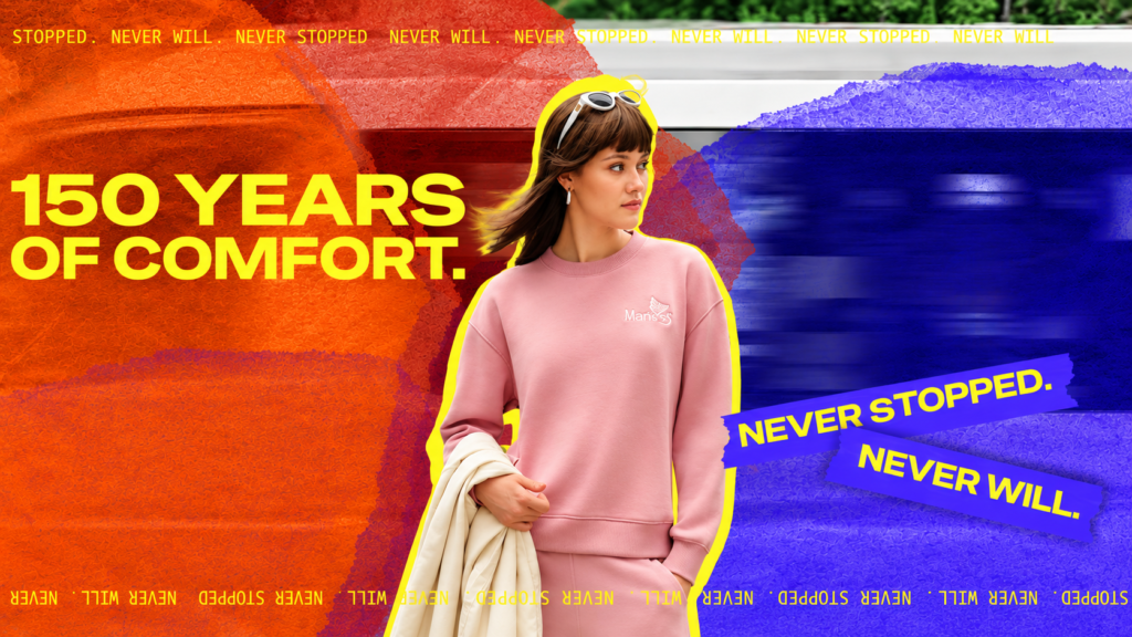 Jockey 150 Years of Comfort campaign showing a woman in a pink sweatshirt.
