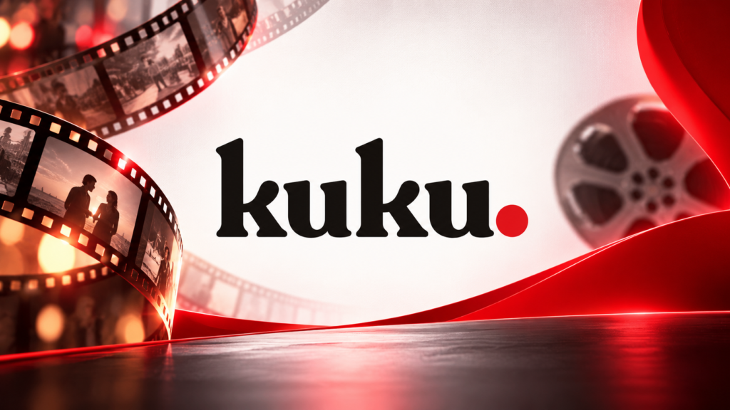 Kuku logo surrounded by film reels against a red background.