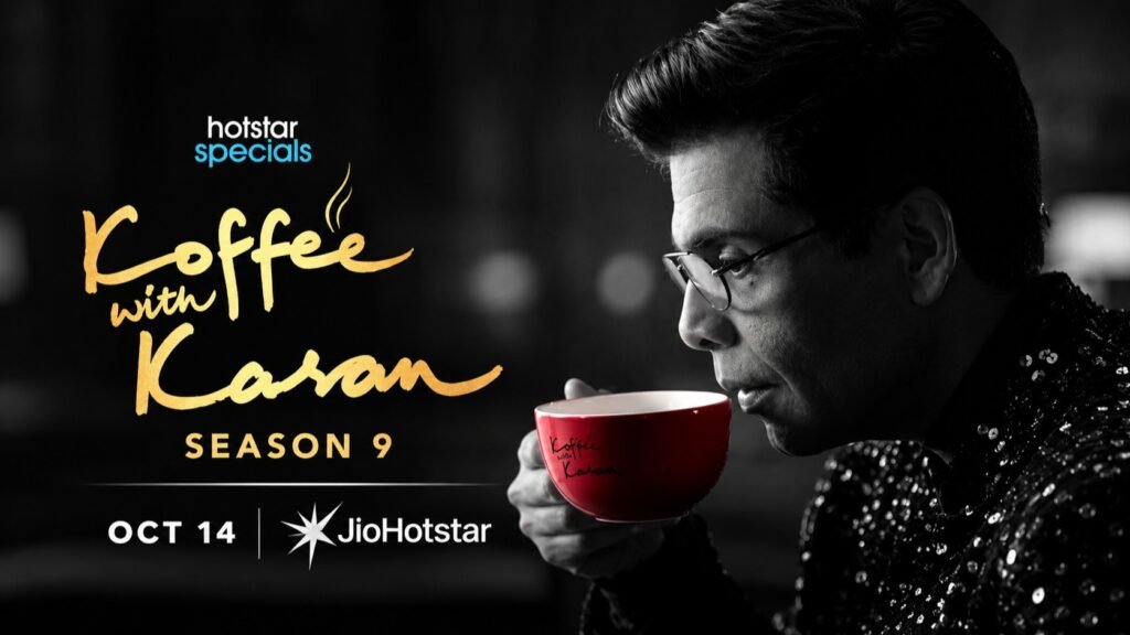 Koffee With Karan Season 9 promotional graphic featuring Karan Johar with a red cup.