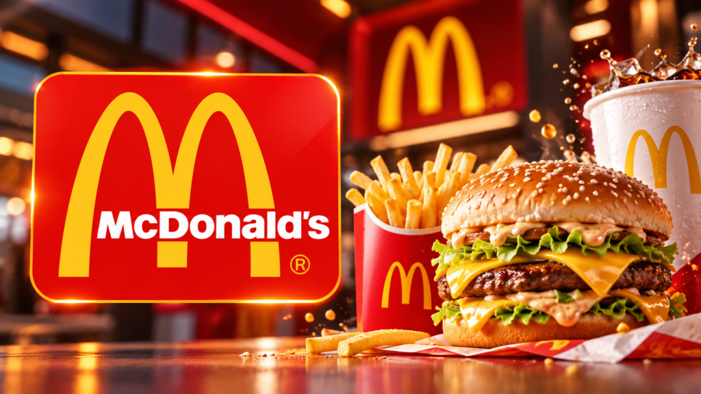 McDonald's logo alongside a burger and fries.