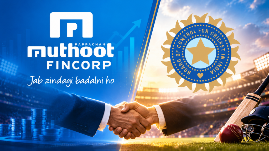 Muthoot Fincorp and BCCI logos above a handshake graphic.