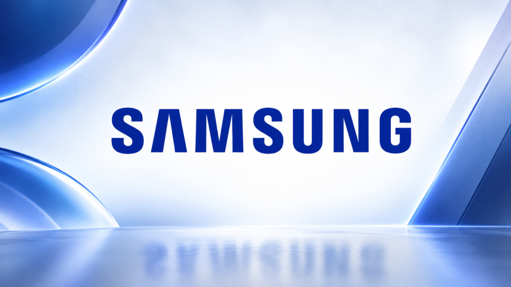 Samsung logo on a white and blue background.