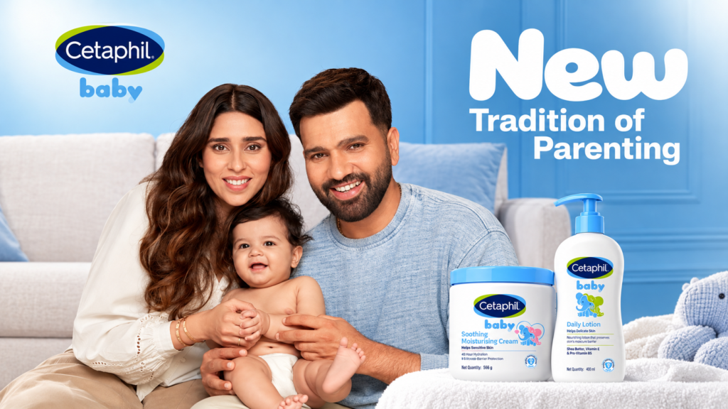 Cetaphil Baby campaign showing a couple with a baby and baby-care products.