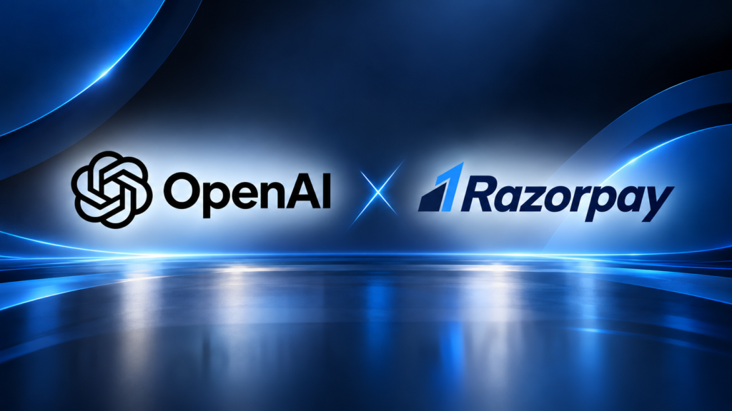 OpenAI and Razorpay logos on a blue technology-themed background.