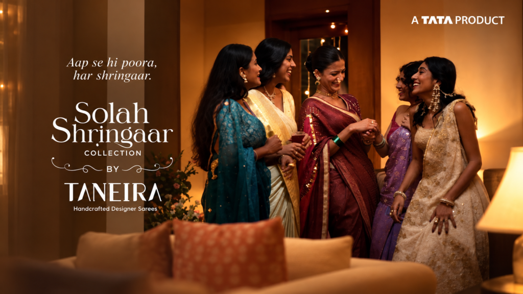 Taneira Solah Shringaar campaign featuring women in festive sarees.