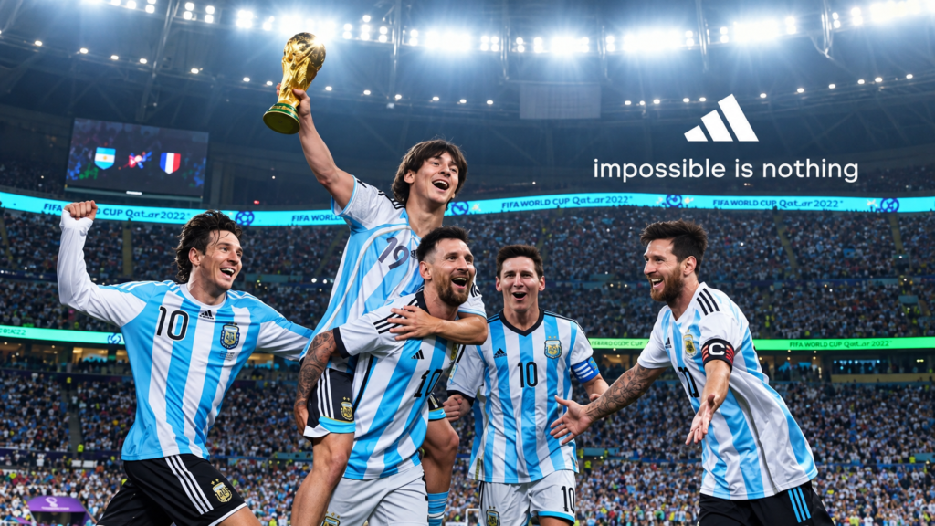 Adidas campaign showing Argentina football players celebrating with a trophy.