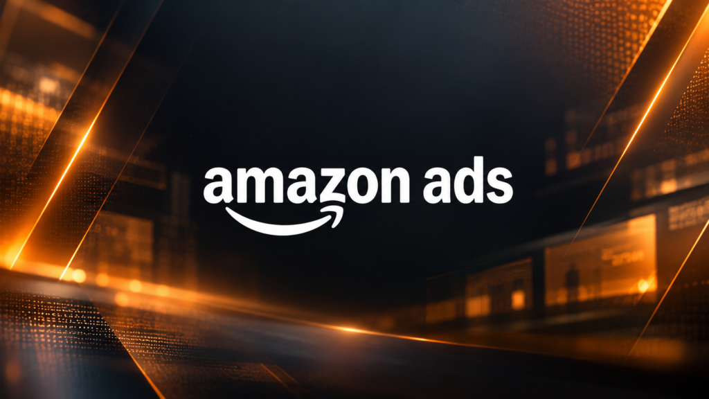 Amazon Ads logo over a glowing stadium-style background.