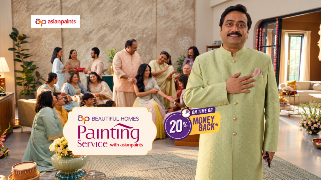 Asian Paints Beautiful Homes Painting Service campaign in a family living room.