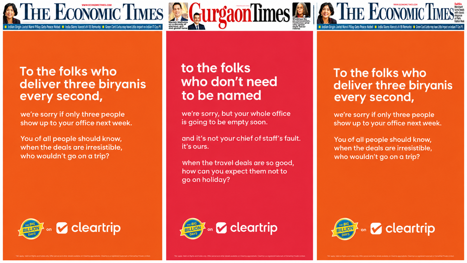 Cleartrip’s Big Billion Days 2026 campaign takes a dig at Swiggy and Zomato with newspaper ads