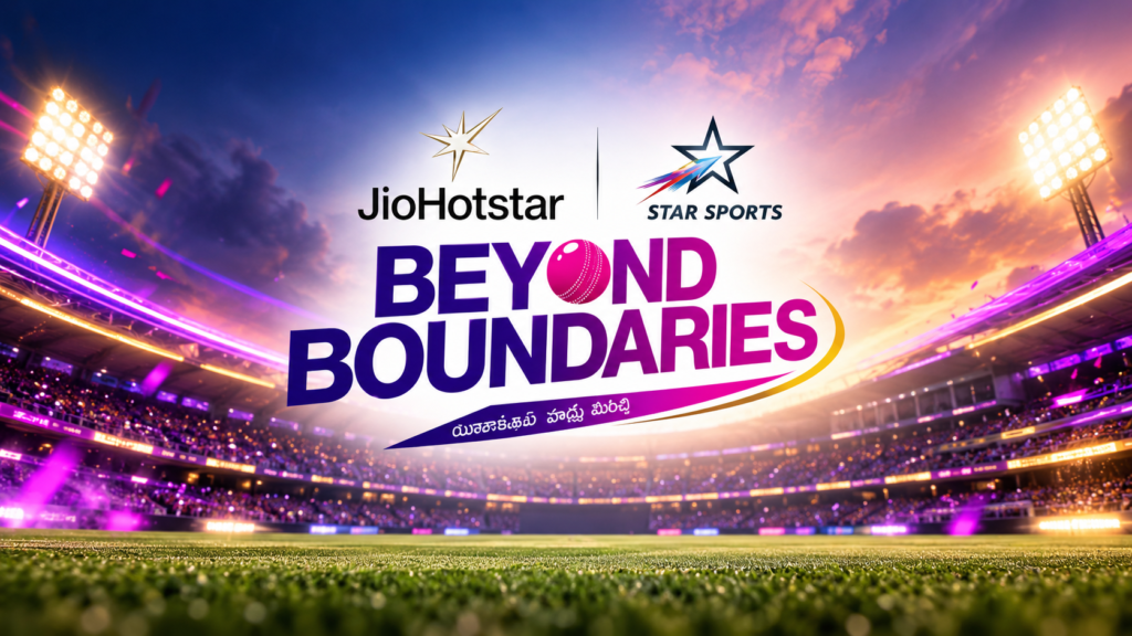 JioHotstar and Star Sports Beyond Boundaries graphic in an illuminated stadium.