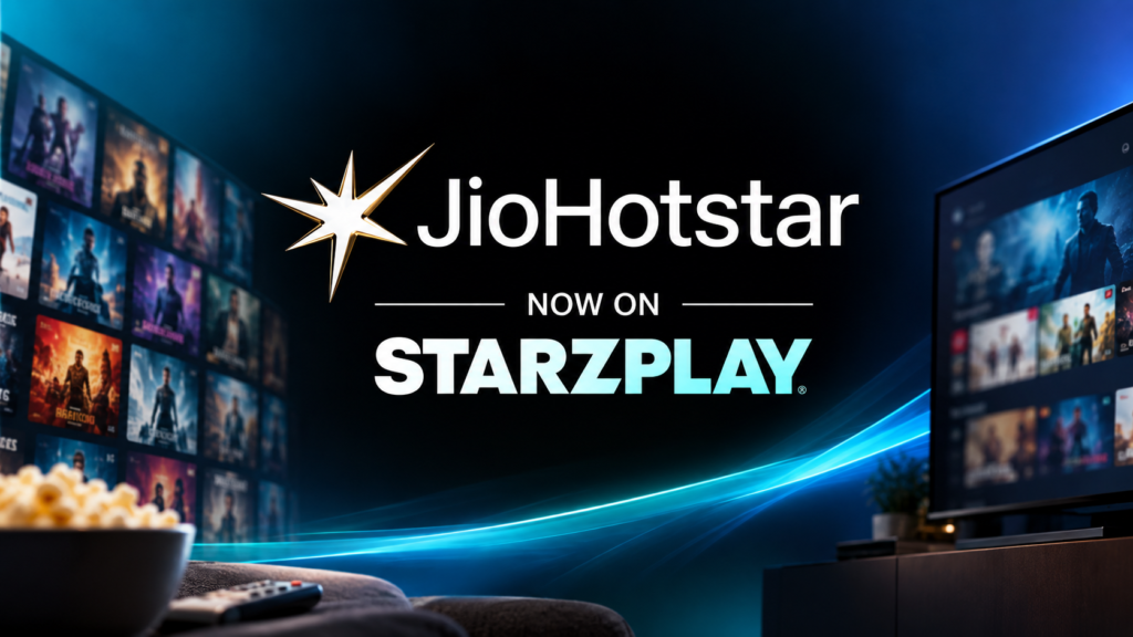 JioHotstar on STARZPLAY announcement displayed between entertainment screens.