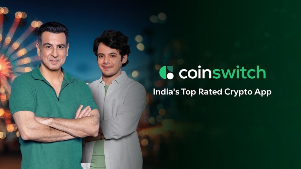 CoinSwitch campaign featuring two men beside the cryptocurrency app logo.